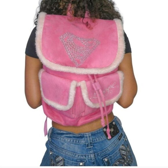 Supergirl Pink Faux Suede Backpack W/ Rhinestone Logo Furry Trim Bling Superhero - Picture 1 of 16